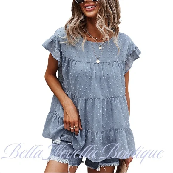 Blue Swiss Dot Tiered Blouse - Picture 8 of 8